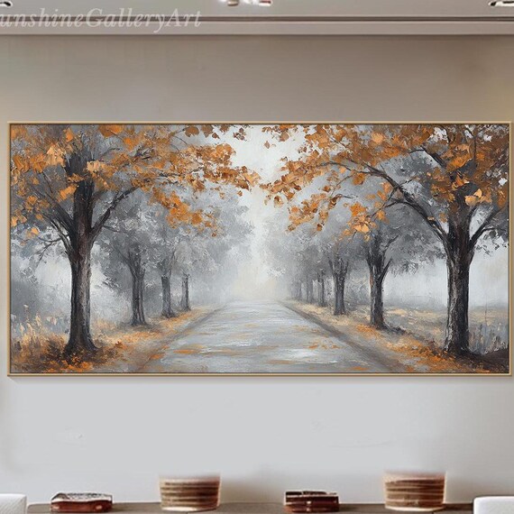 Misty Autumn Avenue Oil Painting Foggy Gray Road Golden Trees Fall Landscape Poster