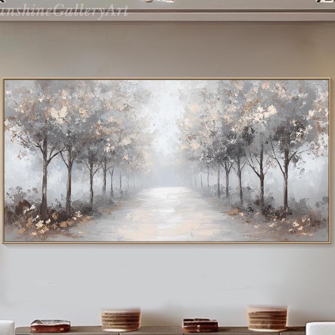 Misty Tree Lined Road In Soft Gray And Gold Tones Art Poster