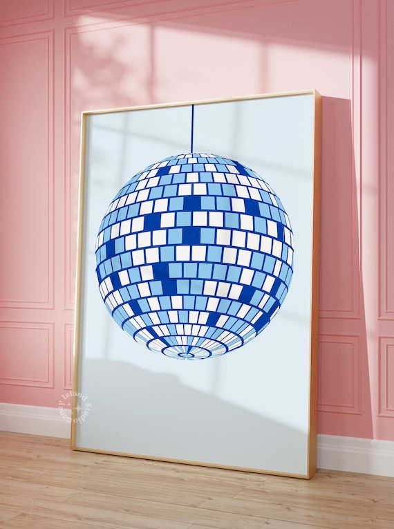 Navy Blue Disco Ball Retro Funky Party Room Disco Era Wall Print
