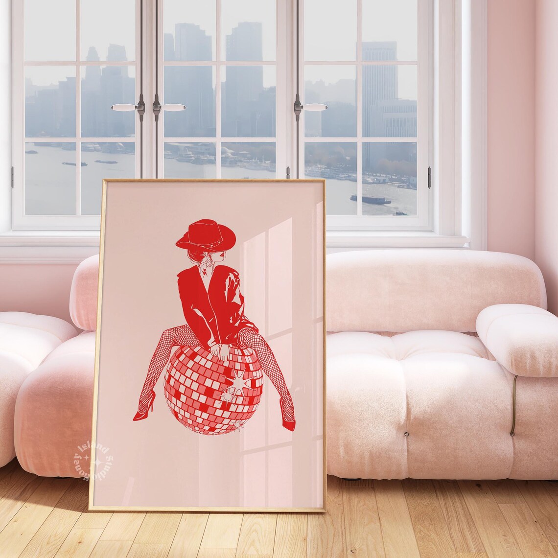 Red Disco Cowgirl Sitting On Disco Ball Retro Trendy Y2k Cowgirl Art Poster