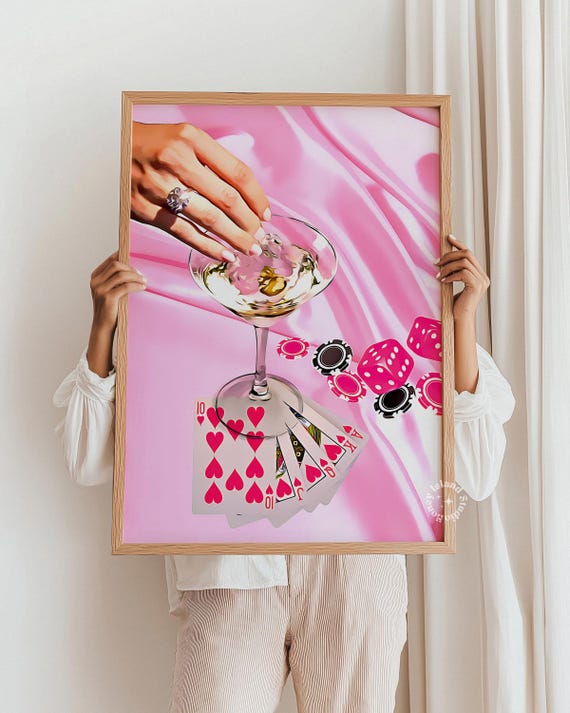 Retro Print Pink Bar Cart Decor Poker Night Dorm Room Alcohol Apartmet Matte Poster Unframed