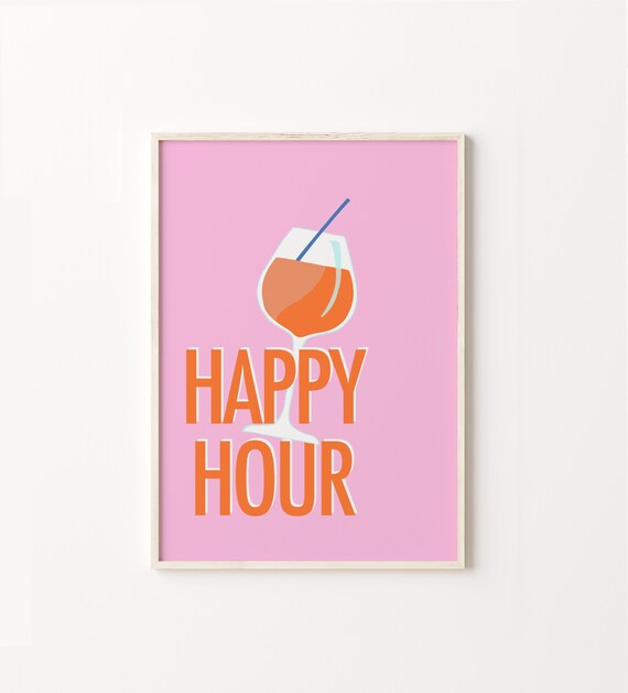 Happy Hour Pink Cocktail Glass Retro Bar Cart Typography Poster