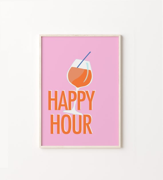 Happy Hour Print Bar Cart Pink Orange Retro Decor Poster Boho