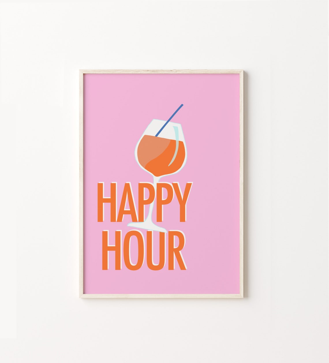 Happy Hour Pink Cocktail Glass Retro Bar Cart Typography Poster
