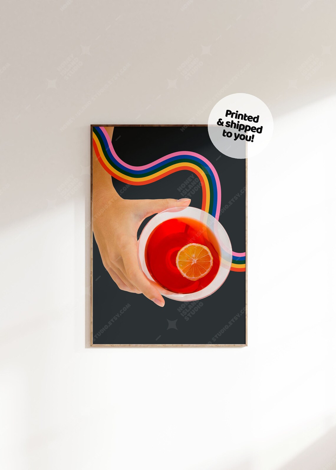 Retro Vintage Rainbow Swirl Red Cocktail Citrus Bar Art Poster