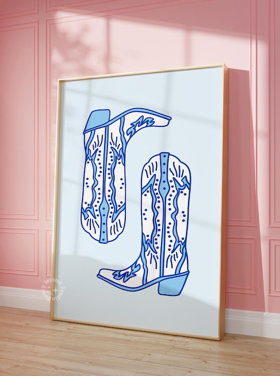 Blue Cowboy Boots Floral Line Art Modern Coastal Western Poster
