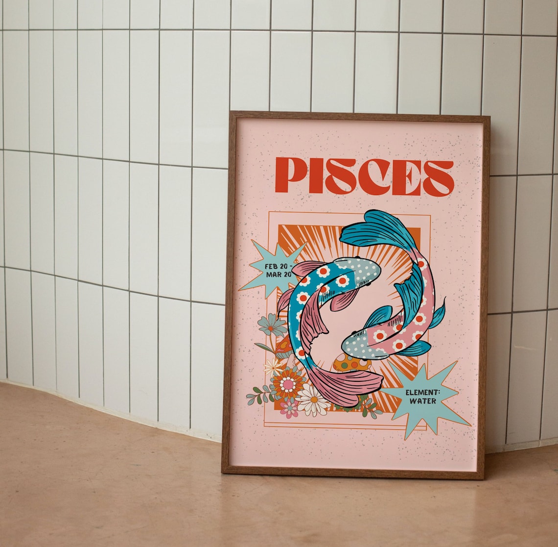 Pisces Zodiac Retro Art Print, Wall Decor