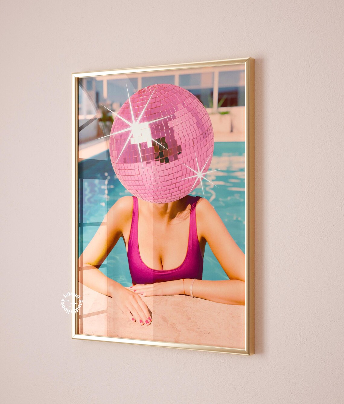 Disco Ball Head Retro Girl Pink Poolside Summer Preppy Wall Art