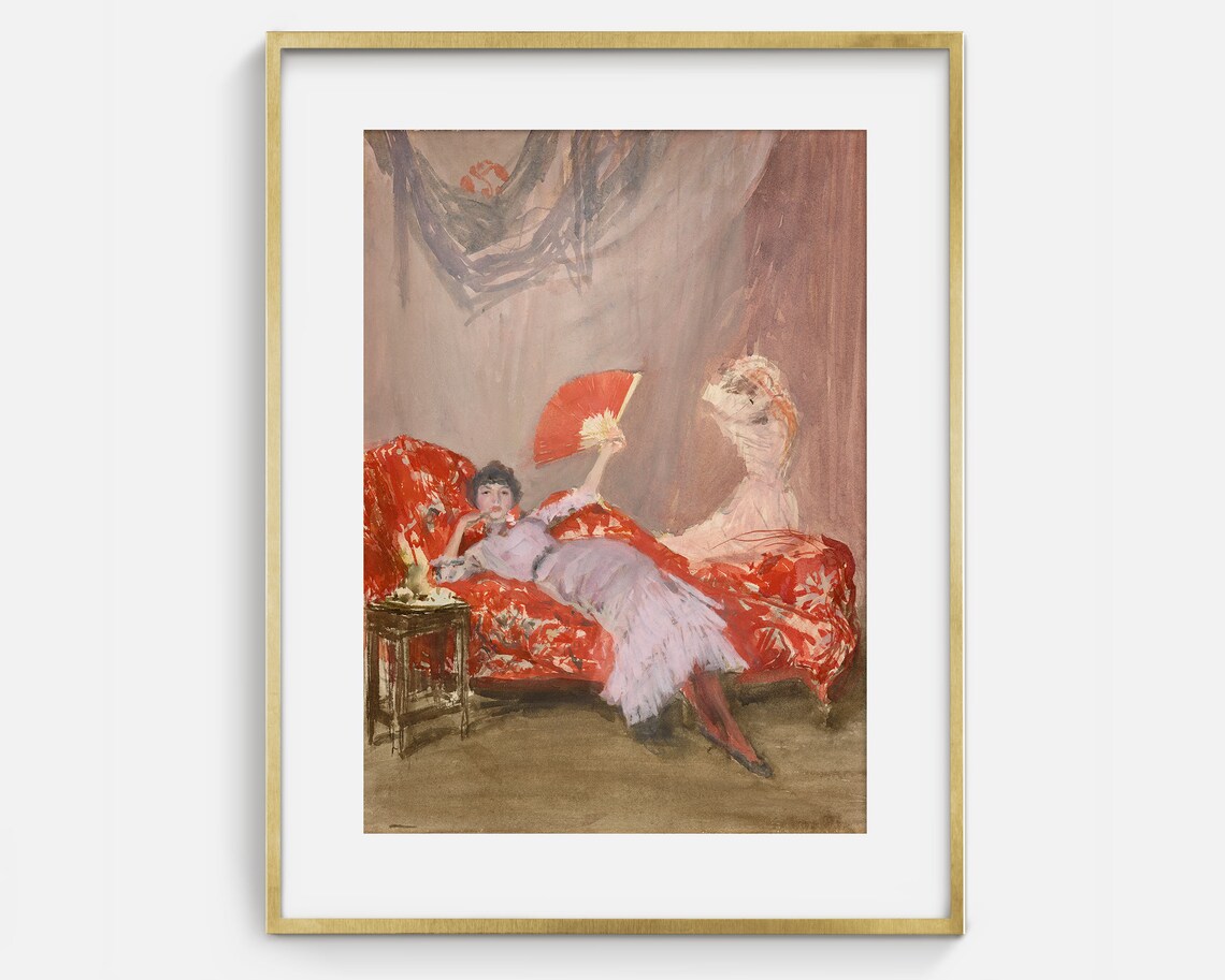 Vintage Woman With Red Fan Reclining Portrait Antique Oil Painting Poster - Image 2