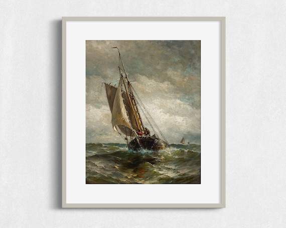 Tall Ship Stormy Sea Dramatic Waves Sailing Schooner Vintage Nautical Art Poster