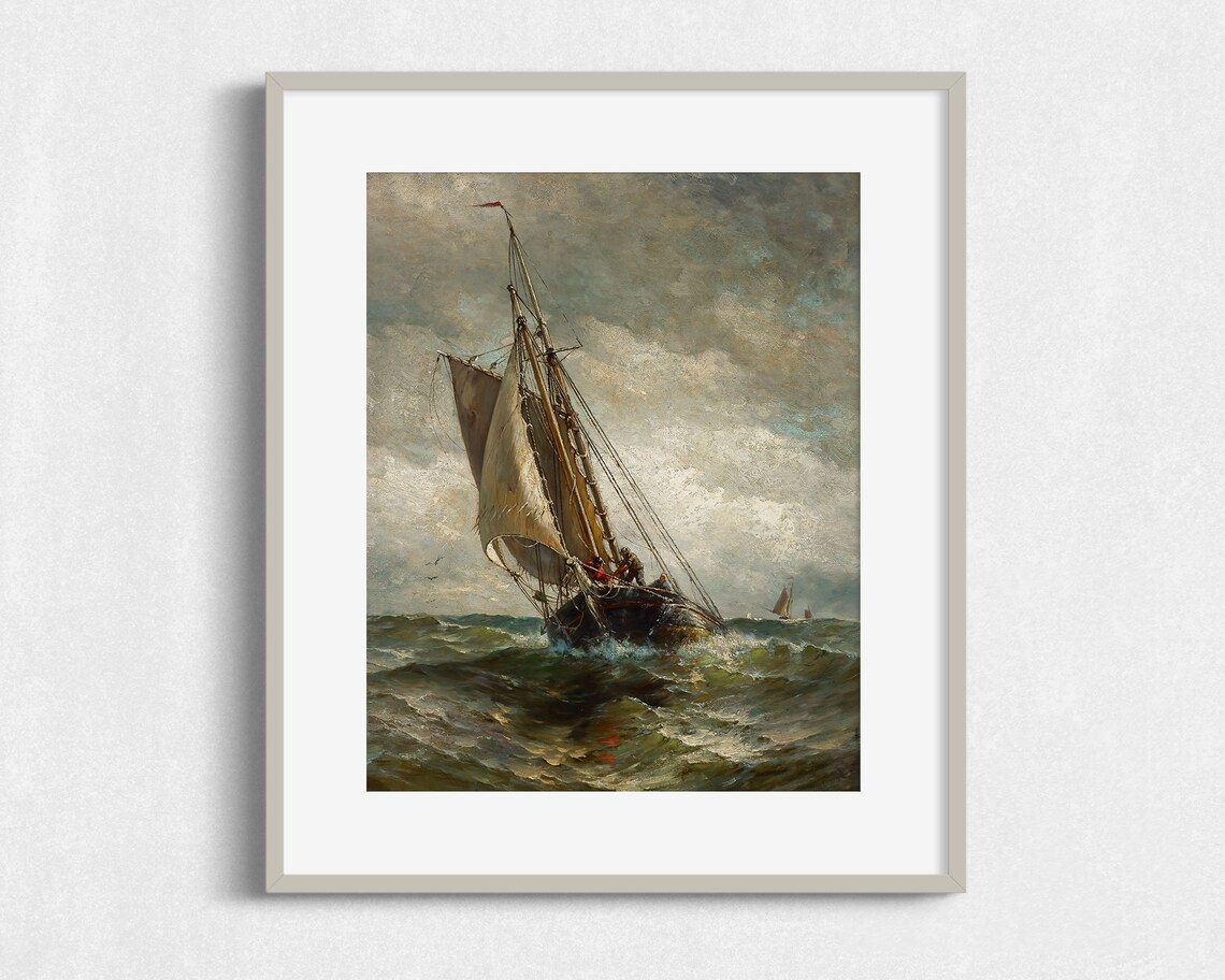 Tall Ship Stormy Sea Dramatic Waves Sailing Schooner Vintage Nautical Art Poster