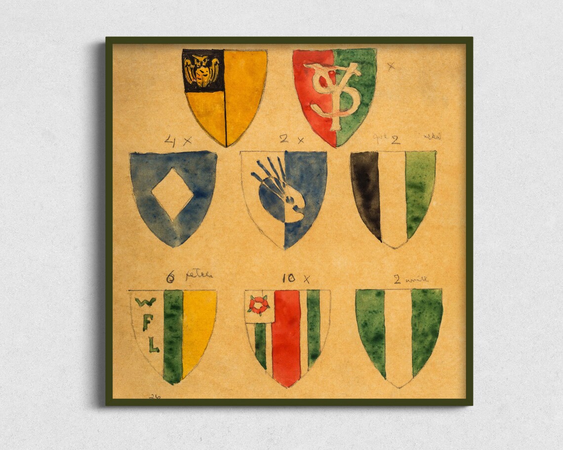 Vintage Crest Drawing, Antique Family Crest