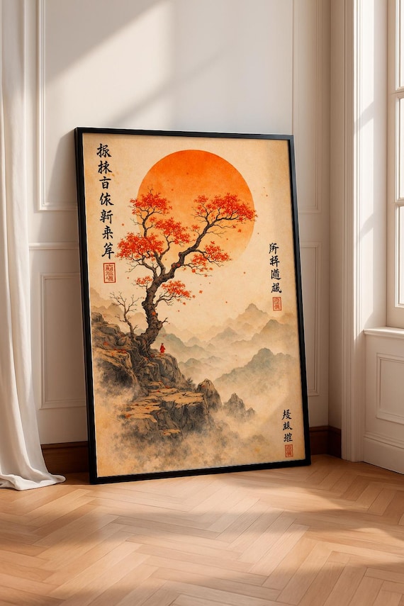 Japanese Zen Landscape Poster Red Sun Tree Art Print Asian Ink Painting Wall Minimalist Nature Decor Mountain Cliff Illustration