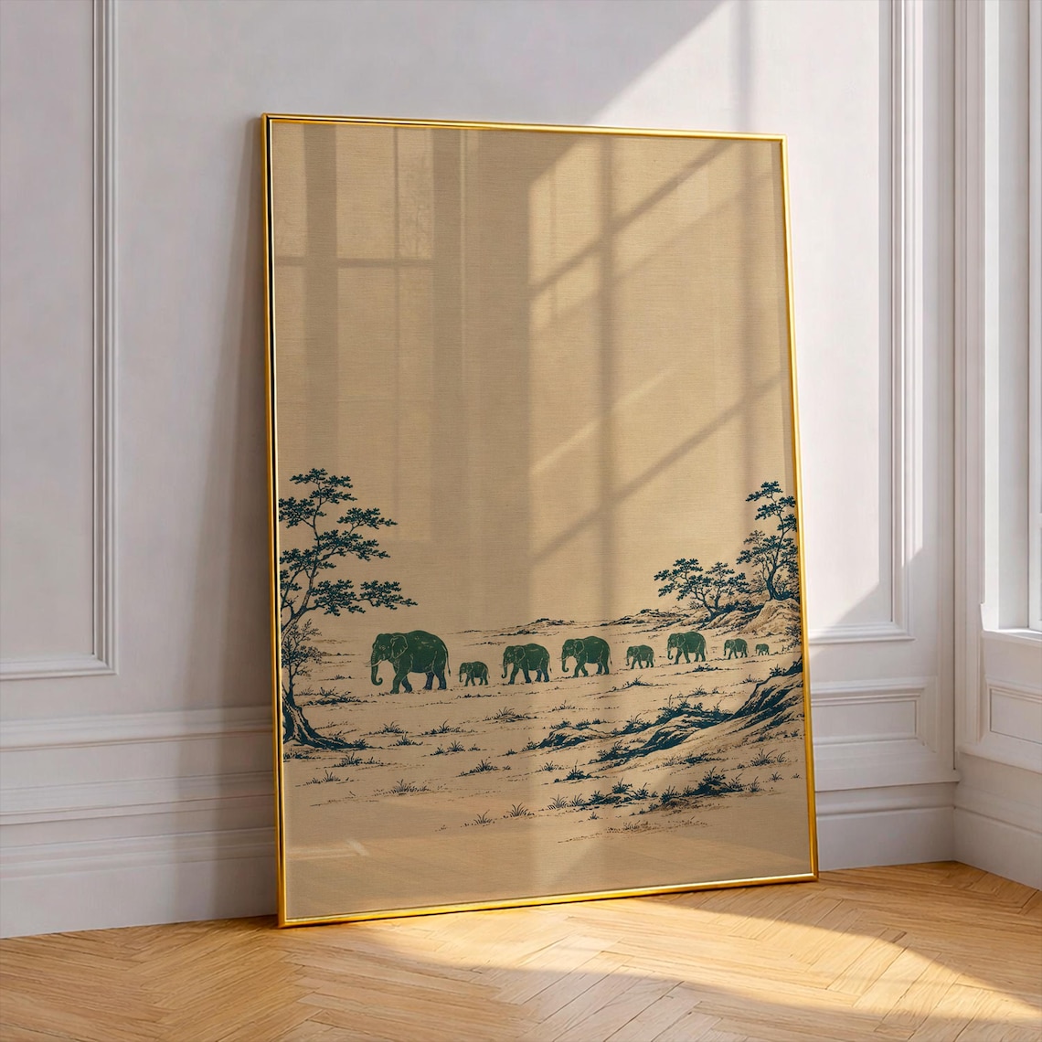 Elephant Herd Sunset Silhouette Minimalist Safari Art Poster