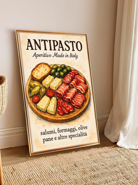 Italian Kitchen Poster With Cured Meats And Cheeses Illustration Of Aperitif Boards Wall Art Decor