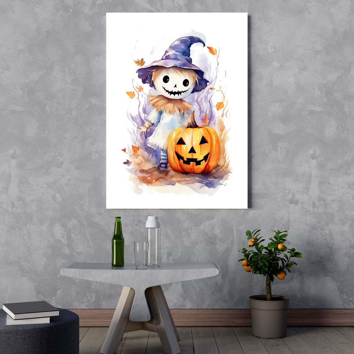 Cute Scarecrow Leaves Watercolor Art, Halloween Decor - Image 3