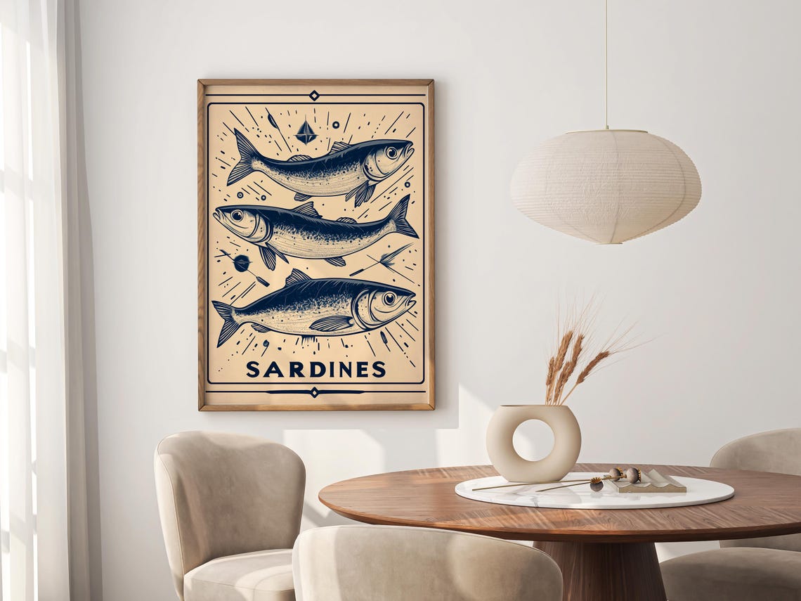 Vintage Sardines Three Fish Navy Illustration Kitchen Poster - Image 2