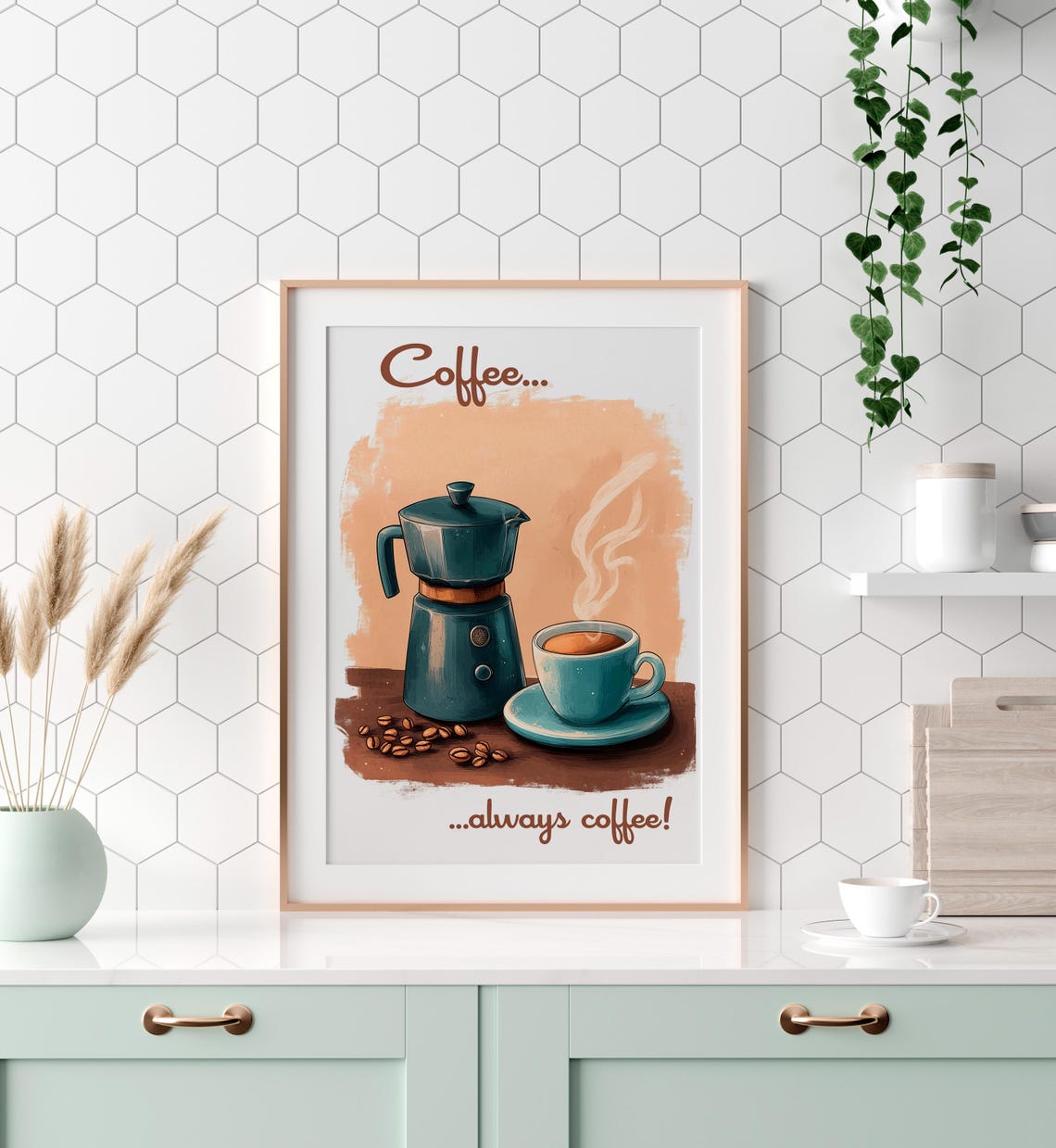 Coffee Always Coffee Moka Pot Cup Retro Kitchen Illustration Poster - Image 3