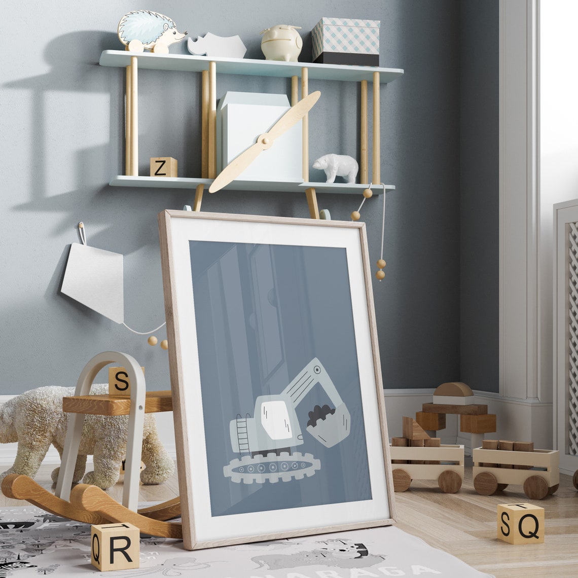 Gray Blue Excavator Nursery Kids Construction Digger Art Poster - Image 4