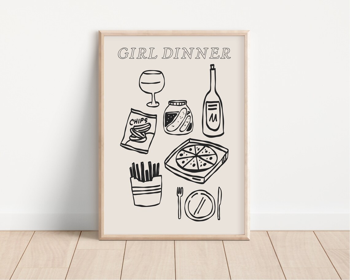 Girl Dinner Snack Line Art Black and White Trendy Kitchen Print - Image 3