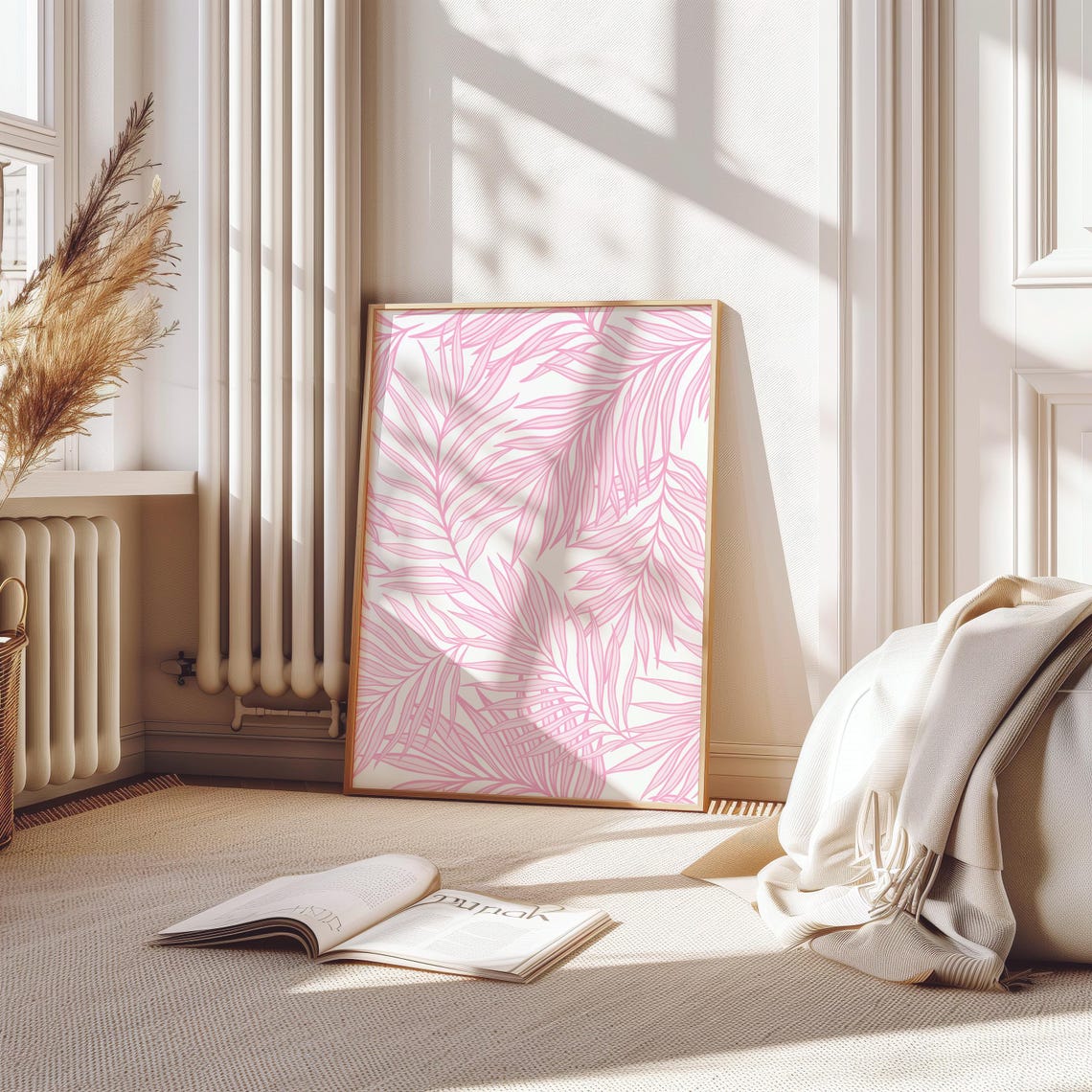Pink Palm Leaves Tropical Line Pattern on White Background Poster - Image 4