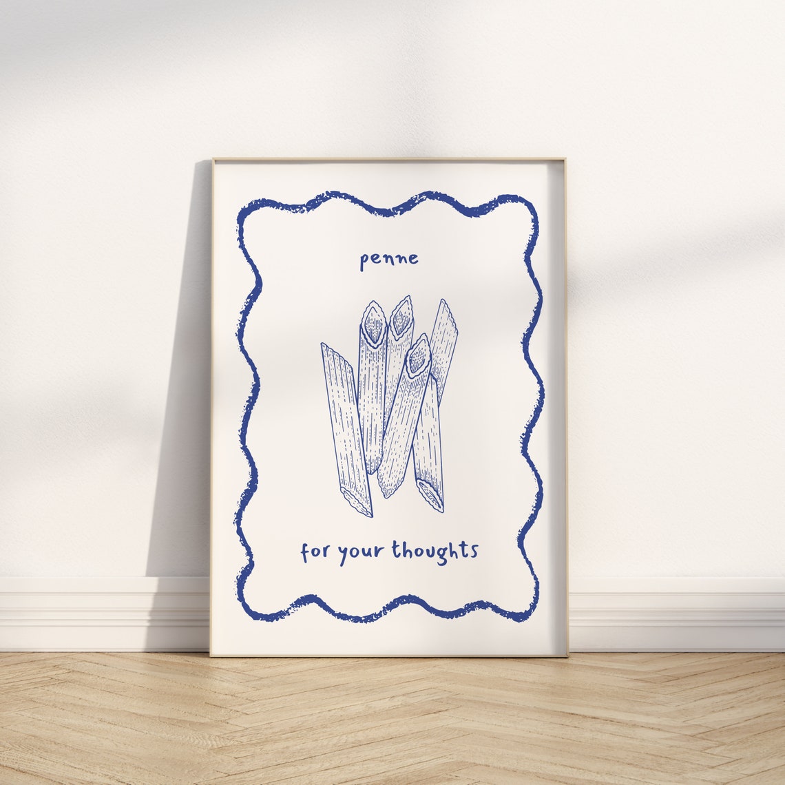 Penne For Your Thoughts Blue Ink Pasta Sketch Punny Kitchen Poster - Image 2