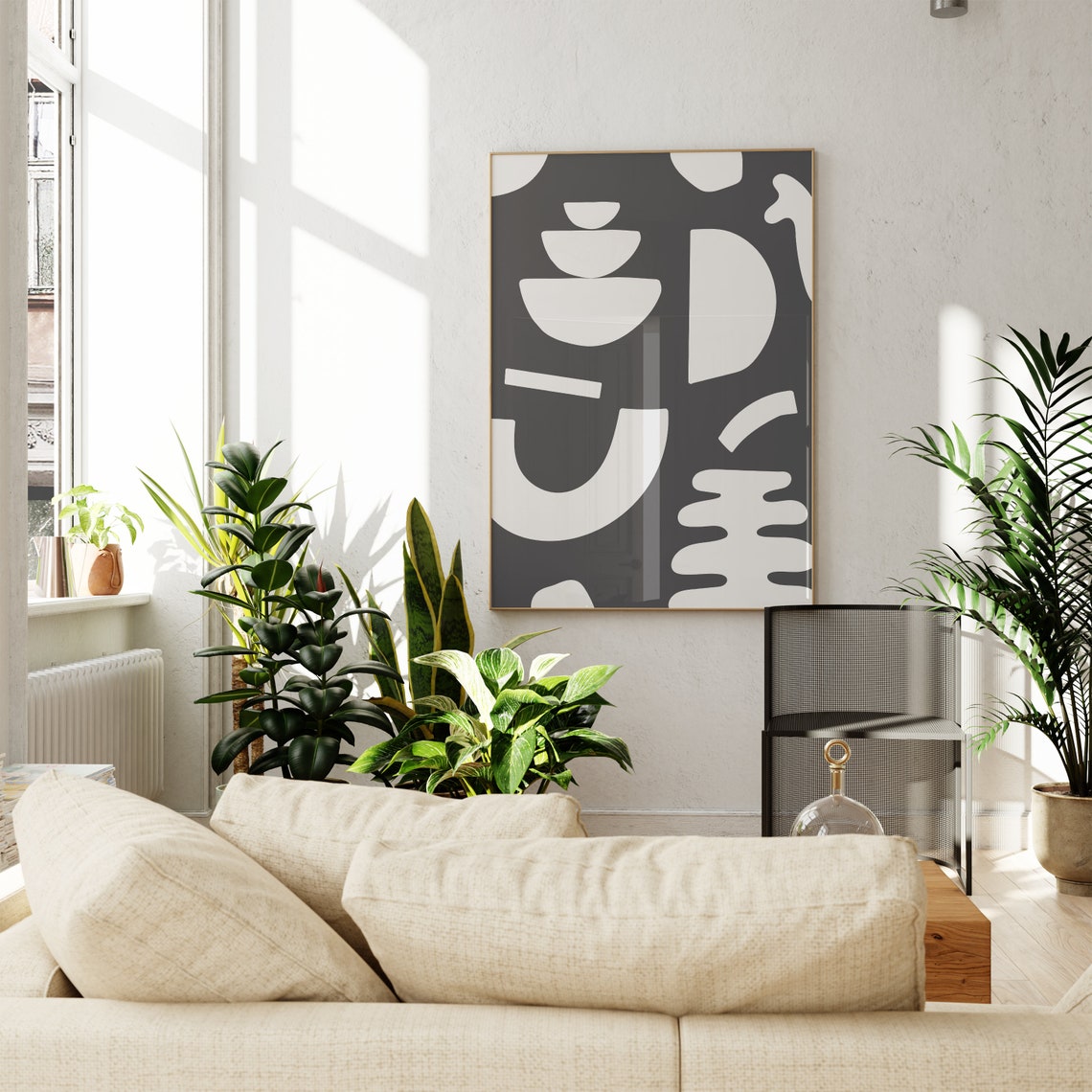 Dark Grey Abstract Organic White Shapes Modern Minimalist Art Poster - Image 2
