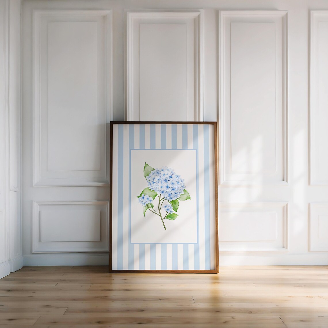 Blue Hydrangea Watercolor Blossom Green Leaves Blue White Stripe Poster - Image 2
