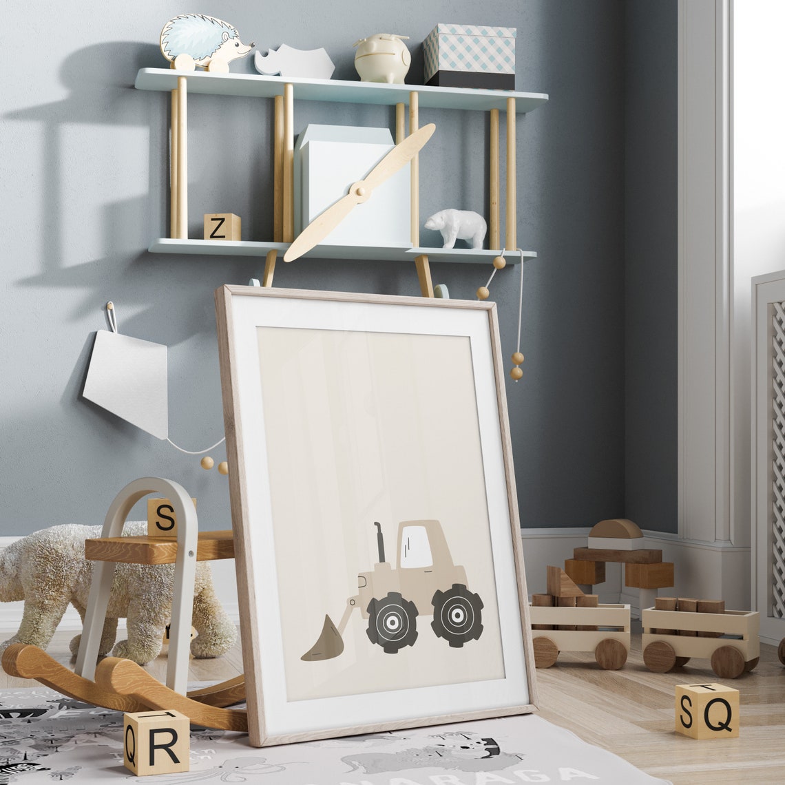 Beige Digger Nursery Decor Neutral Construction Vehicle Poster - Image 2