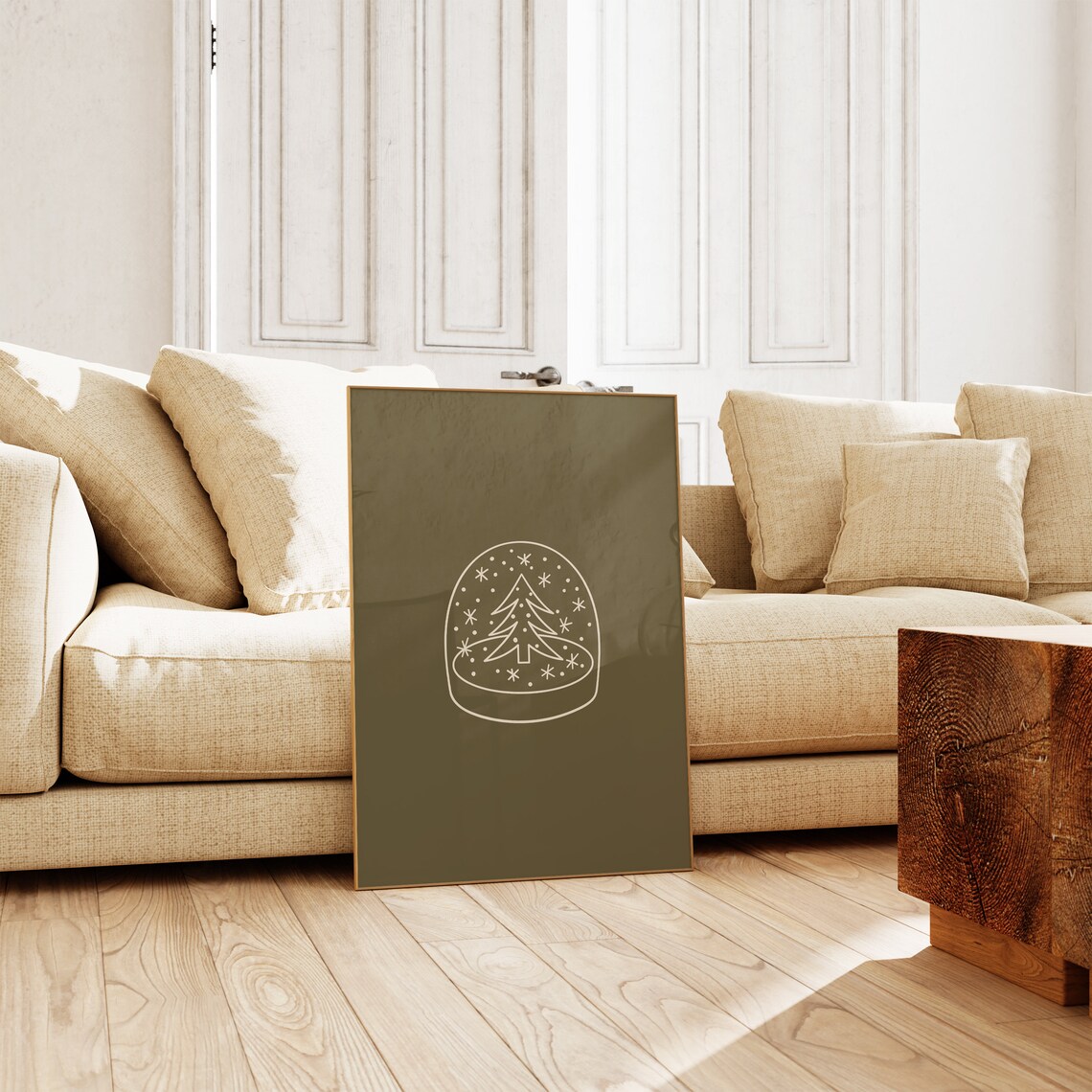 Christmas Snow Globe Line Art Poster Olive Green Holiday Tree Design - Image 3