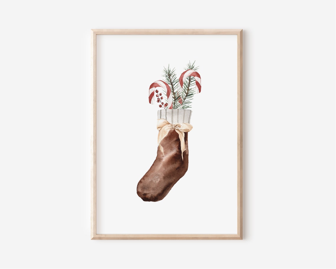 Christmas Stocking Watercolor Candy Cane Pine Holiday Decor Poster - Image 4