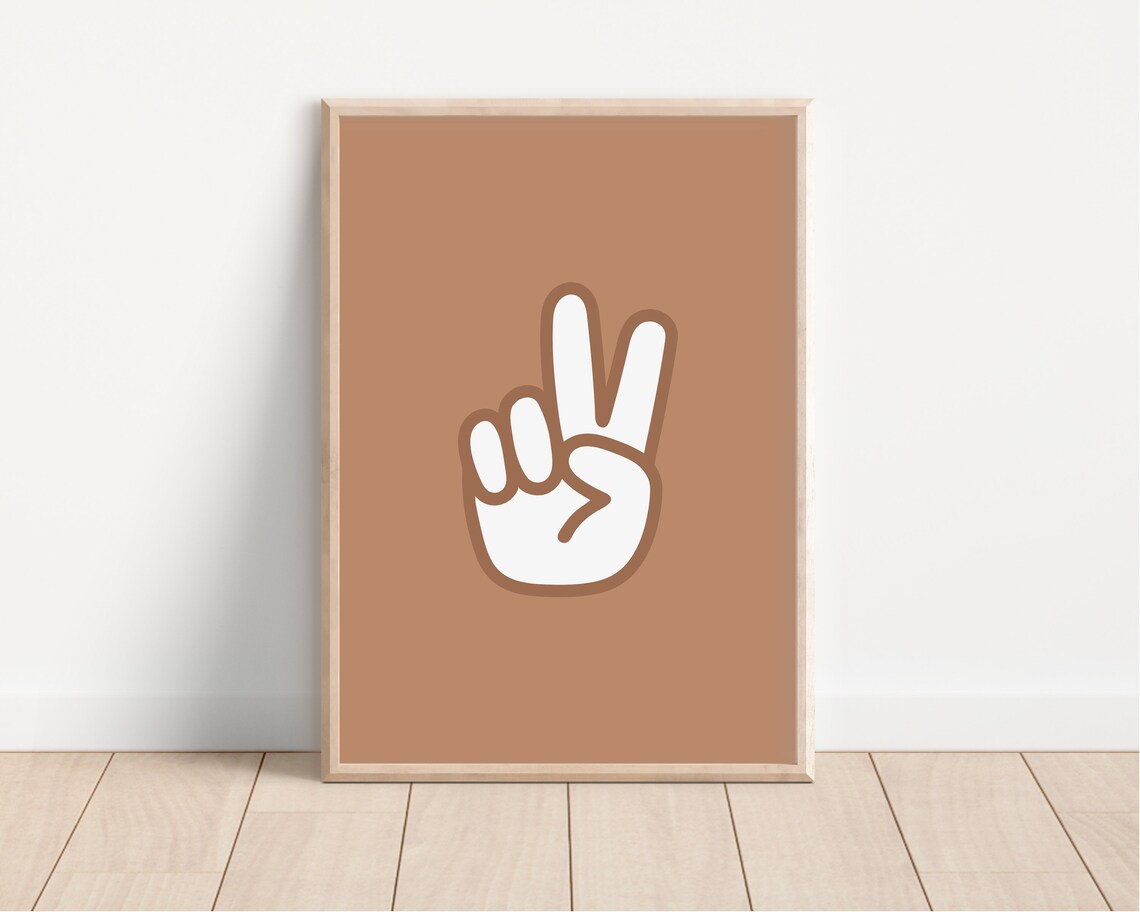 Caramel Peace Sign Hand White Graphic Retro Minimalist Art Poster - Image 3