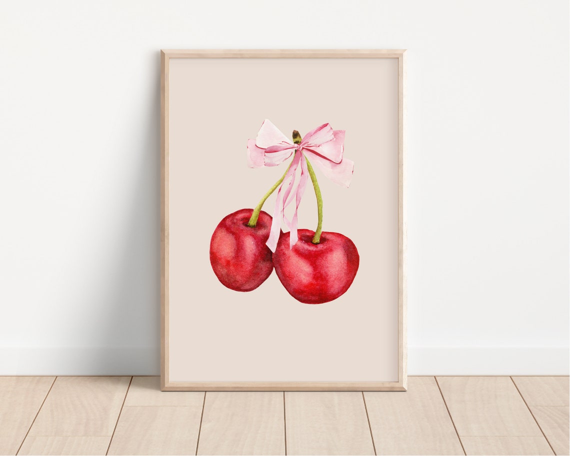 Red Cherries Pink Bow Watercolor Fruit Coquette Kitchen Art Poster - Image 2