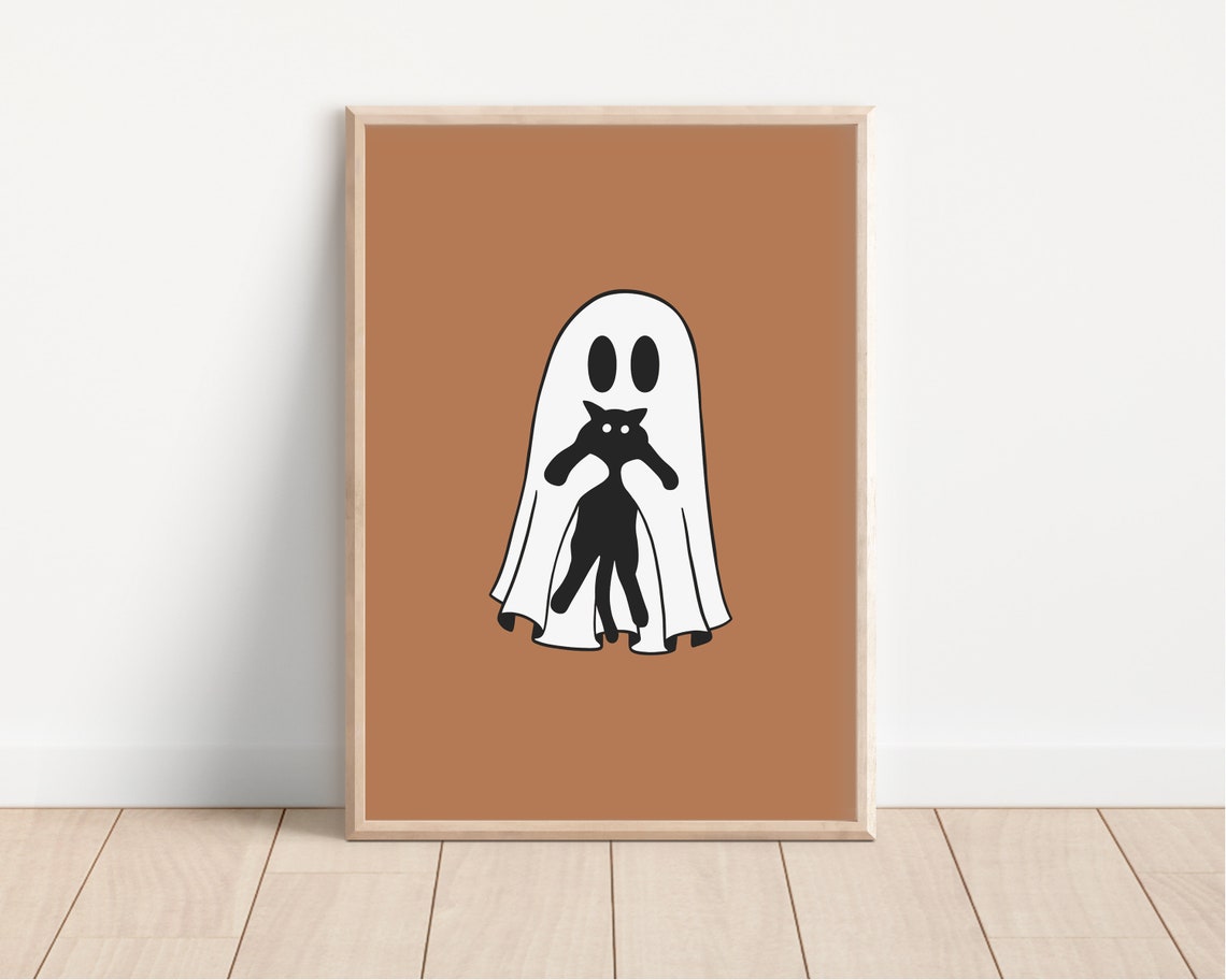 Halloween Ghost Holding Cat Caramel Brown Fall Background Poster - Image 7