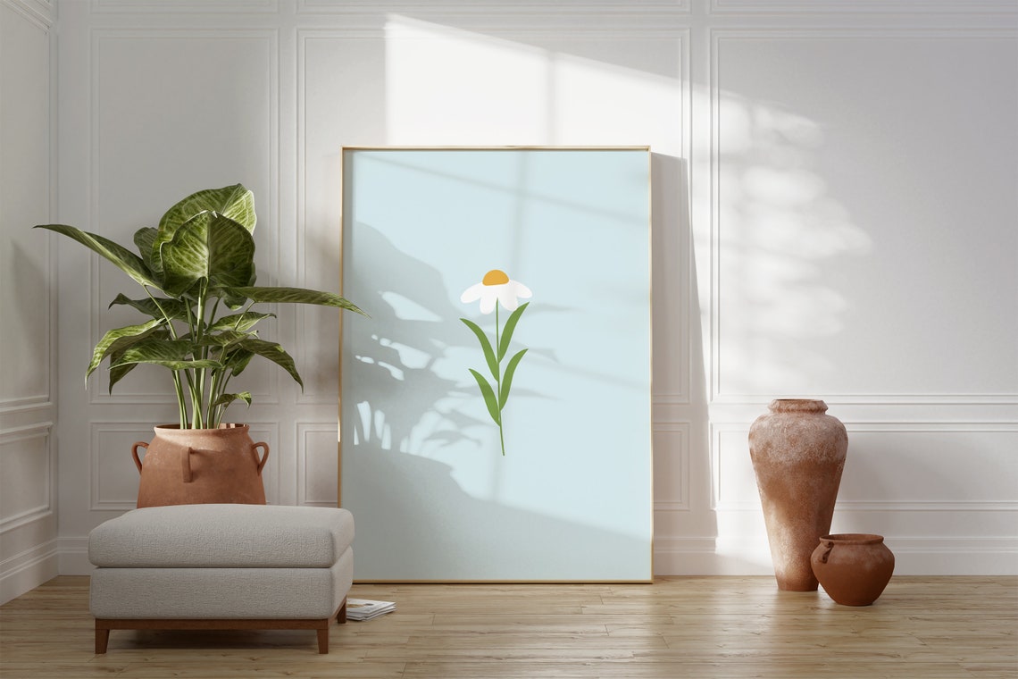 Single White Daisy Light Blue Minimal Floral Nursery Decor Poster - Image 3