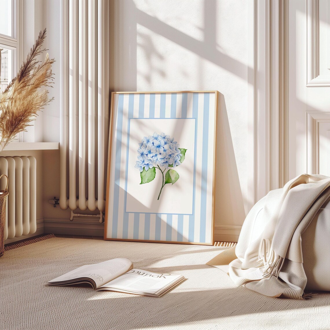 Blue Hydrangea Watercolor Bloom Blue Striped Border Coastal Flower Poster - Image 3