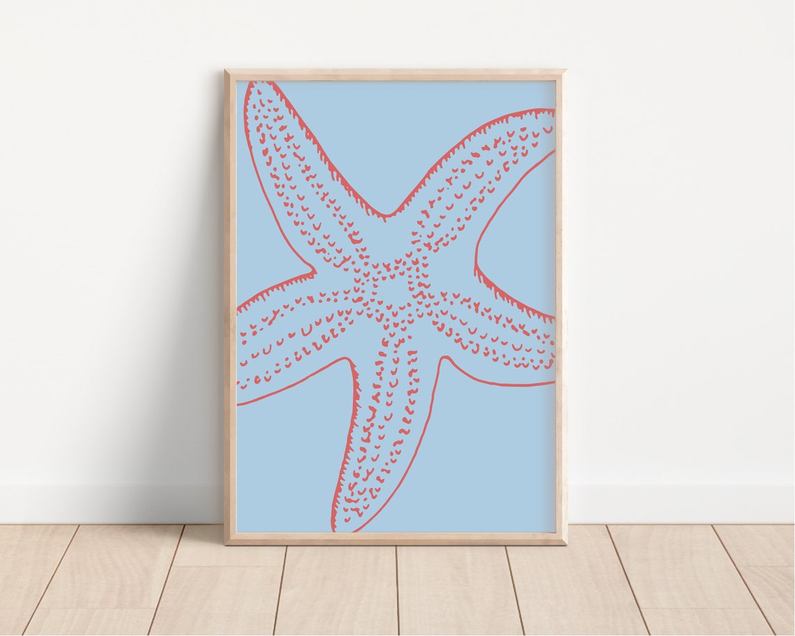 Red Starfish Blue Coastal Line Drawing Modern Beach Decor Poster - Image 4