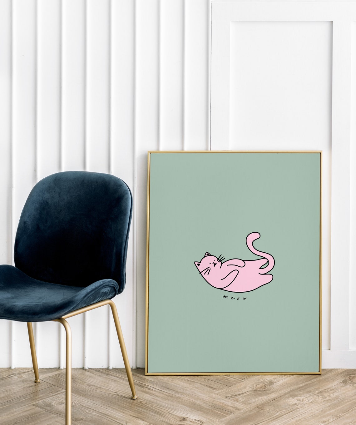 Cute Pink Cat Doodle Sage Green Quirky Cat Animal Decor Poster - Image 2