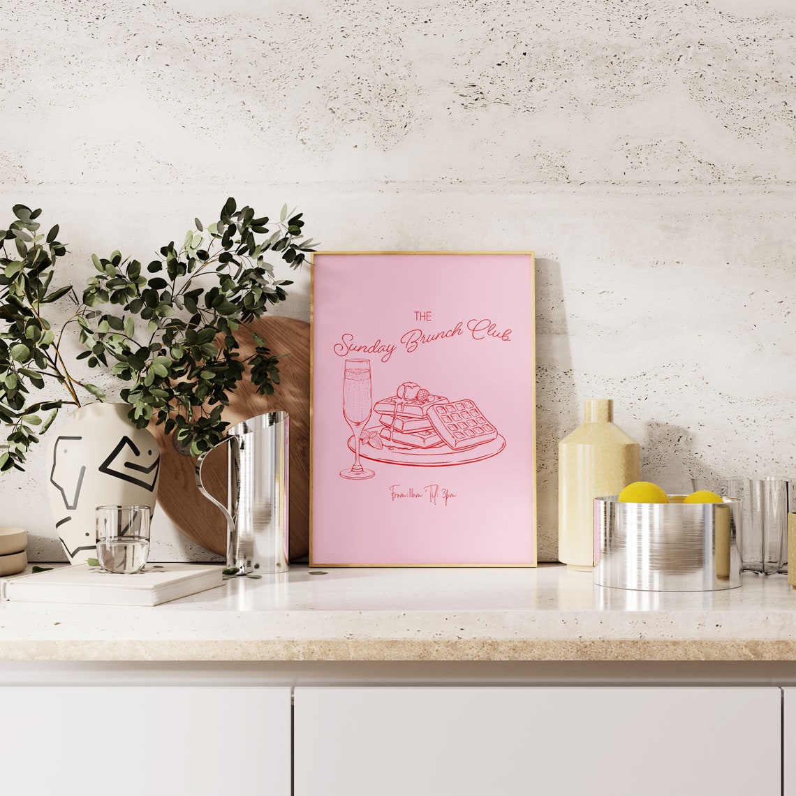 The Sunday Brunch Club Waffles Mimosa Pink Trendy Kitchen Print - Image 3