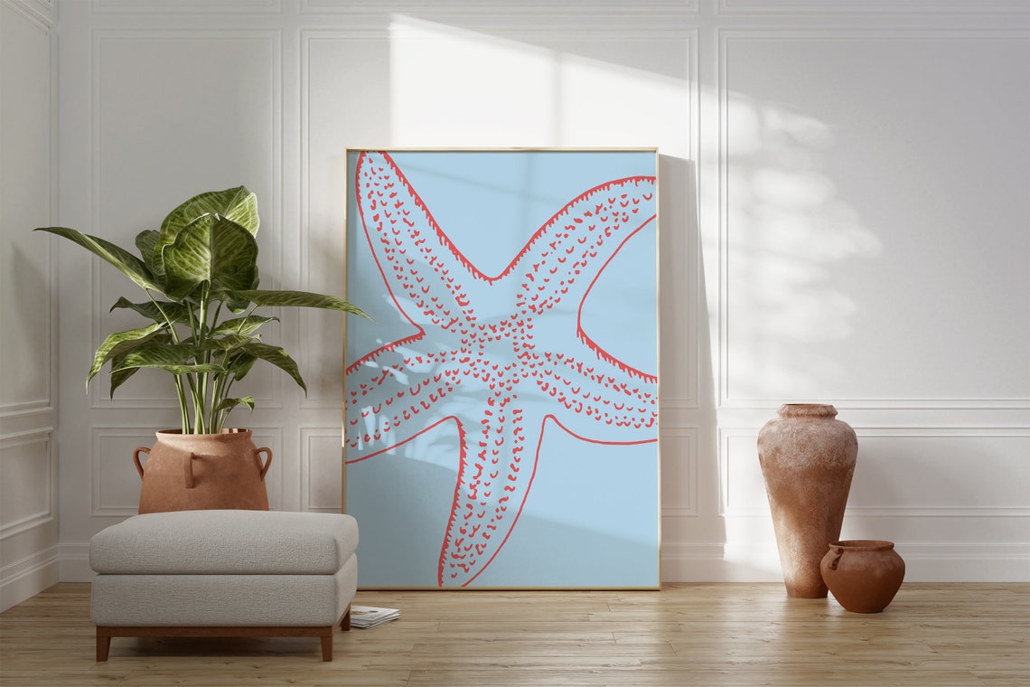 Red Starfish Blue Coastal Line Drawing Modern Beach Decor Poster - Image 3