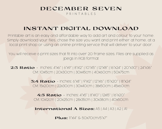 Instant Digital Download Size Guide Artwork Info Card Poster