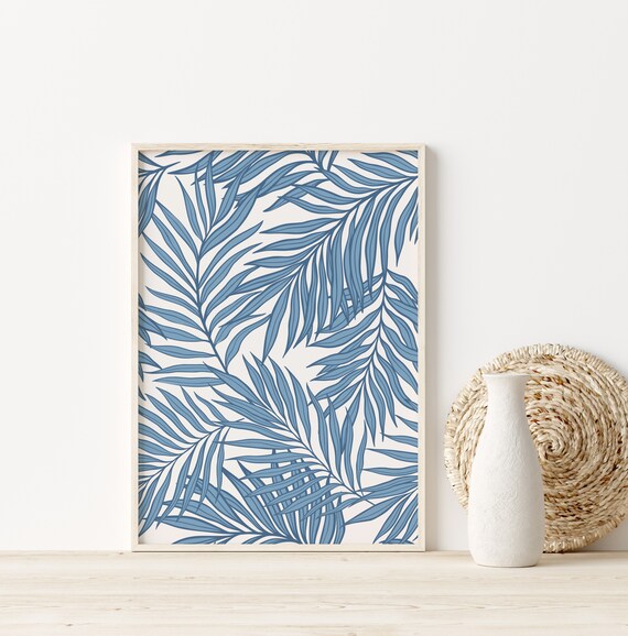Blue Tropical Palm Leaf Pattern Coastal Beachy Botanical Art Print