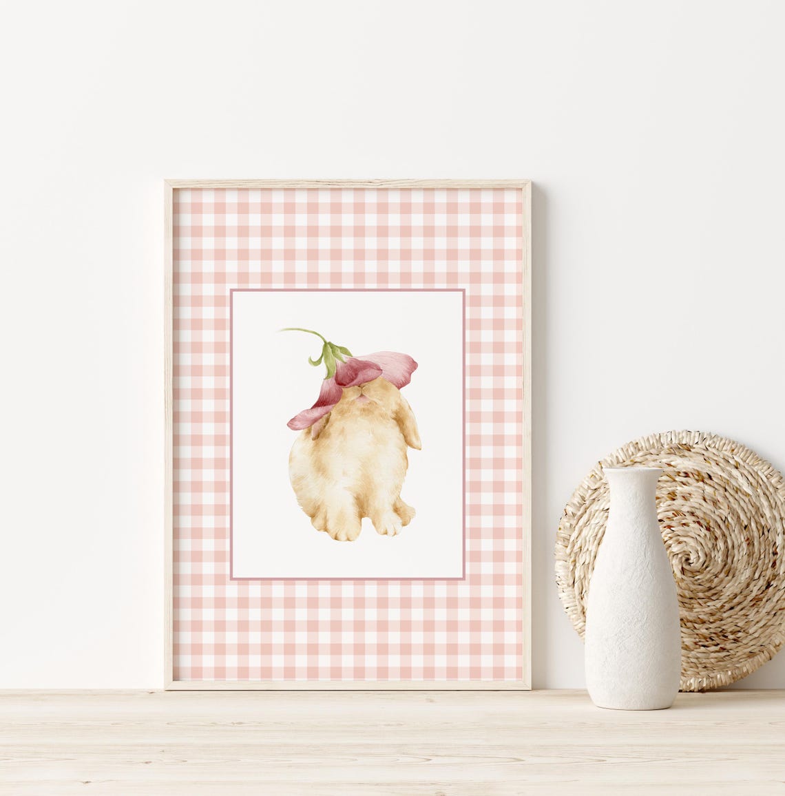 Gingham Bunny Watercolor Poster Pink Floral Nursery Cute Rabbit Art - Image 3