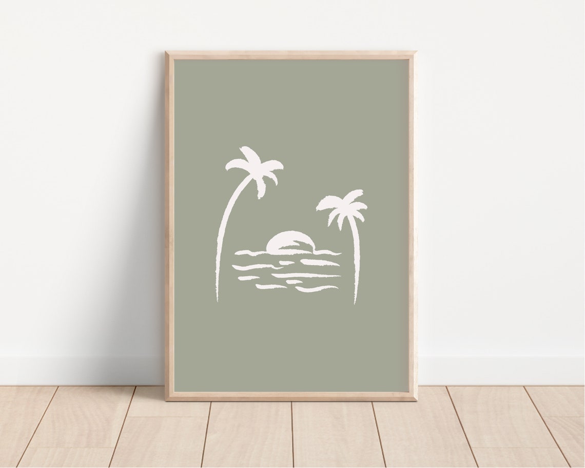 Sage Green Palm Tree Sunset Ocean Waves Minimalist Beach Poster - Image 2
