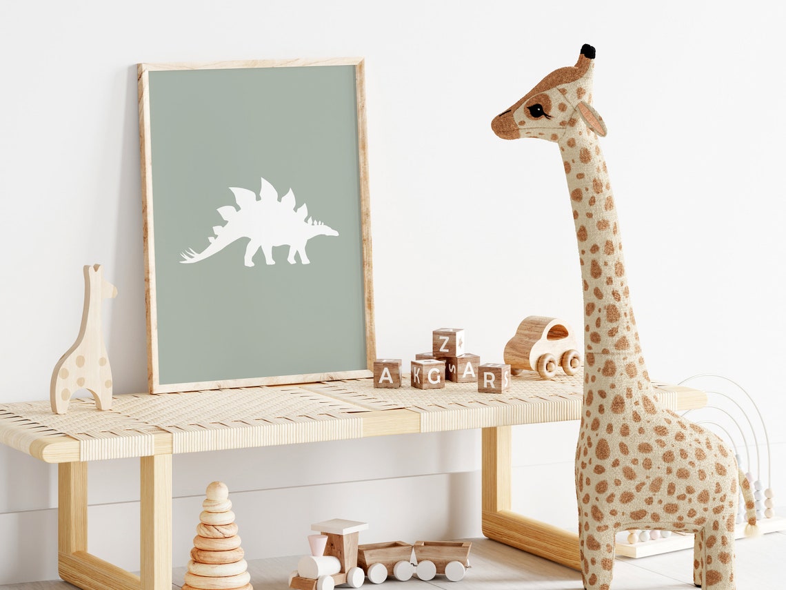 Stegosaurus Silhouette Sage Green Dino Nursery Poster For Boys