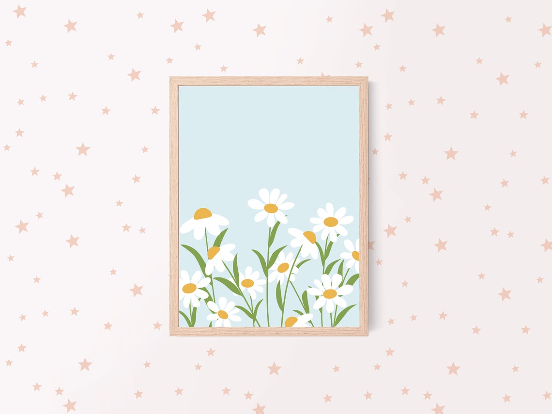 Daisy Field Light Blue Background Wildflower Meadow Decor Poster - Image 3