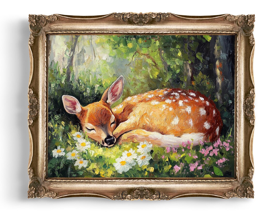 Sleeping Fawn Art Deer Print Animal Illustration Forest Decor Cute Baby Nursery Wall Instant