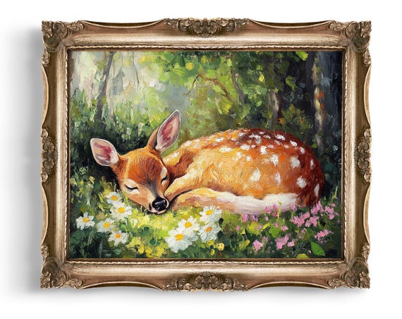 Sleeping Fawn Art Deer Print Animal Illustration Forest Decor Cute Baby Nursery Wall Instant