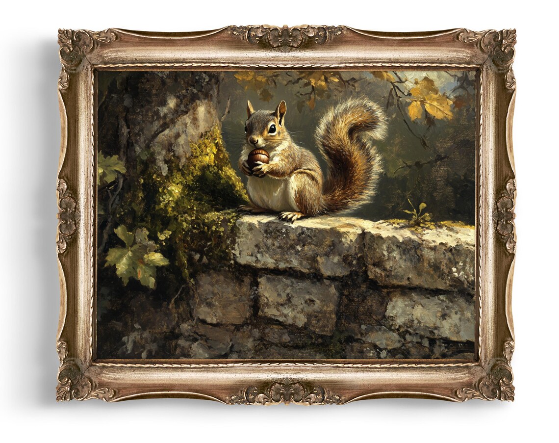 Squirrel Art Cute Animal Wall Decor Wildlife Print Home With Nut Fall