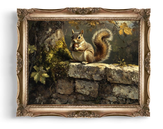 Squirrel Art Cute Animal Wall Decor Wildlife Print Home With Nut Fall